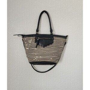Straw Studios Black Cream Sequin Stripe Tote Handbag Shoulder Bag with Handles